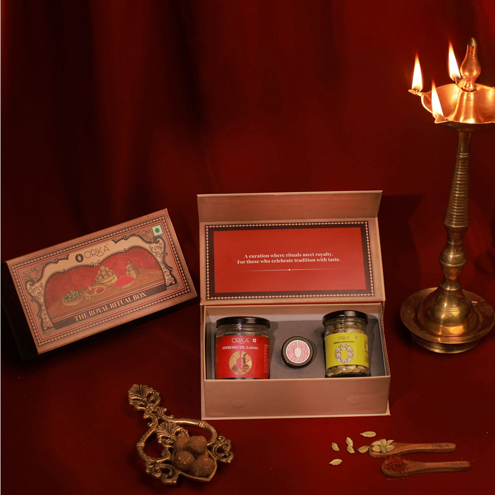 Royal Ritual Gift Box | Kashmiri Pampore Saffron 0.25g, Idukki Bold Green Cardamom 25g & Espresso Till Laddoo